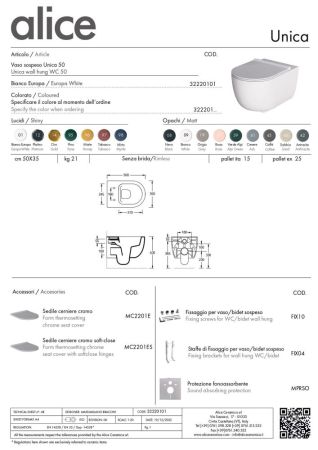 Alice Unica 50, подвесной безободковый унитаз c крепежом fix10, 50x35 см, цвет черный матовый, артикул 32220108