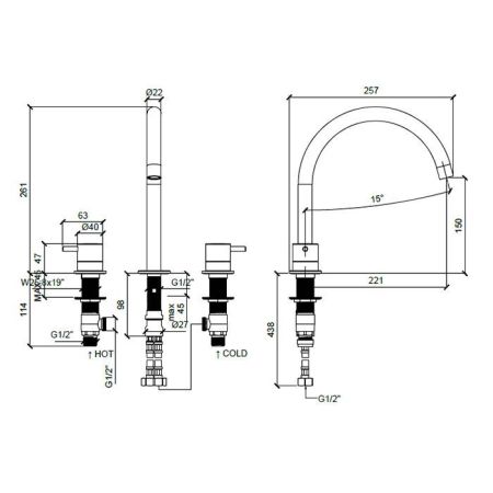 Смеситель для раковины, Almar, тип открывания воды-вентильный, тип регулирования воды-керамический картридж, монтаж-на раковину/столешницу, отверстия для монтажа-3, высота, мм-261, вынос излива, мм-221, тип излива-неподвижный, донный клапан-отсутствует, т, артикул E214004.CR