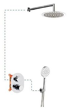 AQG Tube, душевой комплект ER211 на 2 потребителя: с круглым верхним душем 25 см и кронштейном 35 см, цвет хром