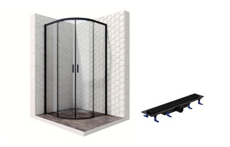 Душевой уголок Ambassador Queen Black 11011202-ST6, полукруглый, линейный трап, 100х100, артикул 11011202-ST6