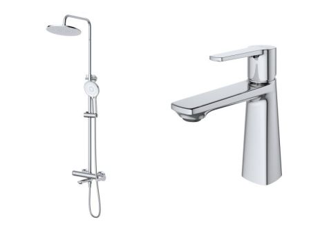 LUX Комплект для ванной - душевая стойка с изливом и смеситель для раковины, артикул LUX-CVD/LS-01