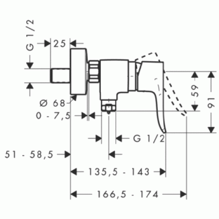 Смеситель для душа, Hansgrohe, Metris, тип открывания воды-однорычажный, тип регулирования воды-керамический картридж, тип установки-настенный, отверстия для монтажа-2, комплектация-шланговое подсоединение, цвет-хром, артикул 31680000