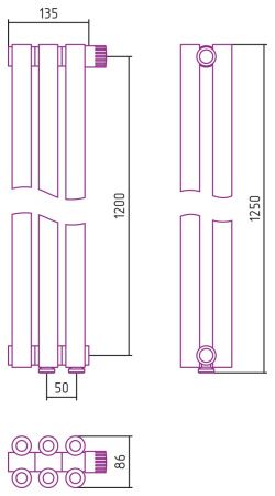 Отопительный радиатор ЭСТЕТ-00 н/ж EU50 1200х135 / 3 сек (Матовый ЧЁРНЫЙ)