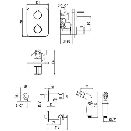 Смеситель Lemark Bronx с гигиеническим душем термостатический встраиваемый (LM3740GM), артикул LM3740GM