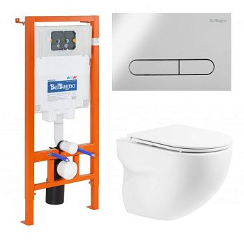 Комплект 4 в 1 Унитаз подвесной BelBagno ONDA BB066CHR с сиденьем BB870SC + Система инсталляции для унитазов BelBagno BB002-80 с кнопкой смыва BB005-P