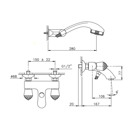 Nicolazzi Cristallo Смеситель для ванны с 2мя ручками, с душевой лейкой, цвет: хром, артикул 2002CR22