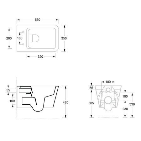 Унитаз, Alice, Hide, безободковый (с открытым смывным краем), тип установки-подвесной, ширина, мм-350, глубина, мм-550, высота, мм-345, форма чаши-прямоугольная, выпуск-горизонтальный, материал-керамика, сиденье-необходимо заказать, вид грязеотталкивающег, артикул 31210108