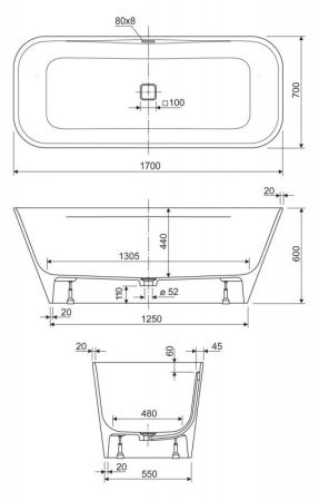 Ванна из искусственного мрамора CEZARES TITAN-SQUARE-170-70-57