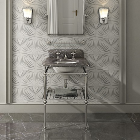 Devon Sound Консоль со столешницей из мрамора серый графит 600х580хH955 мм, металлическая структура с полочкой решеткой, цвет хром(без раковины), артикул DESOUNDGRAFCR