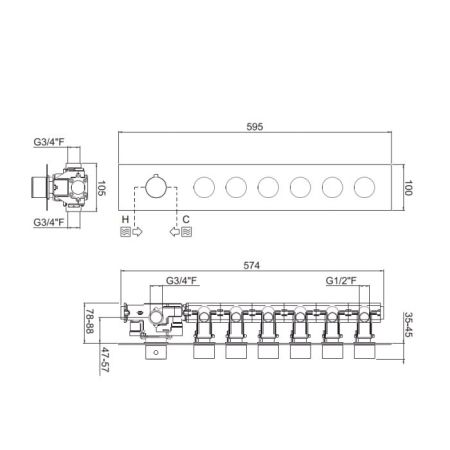 Carimali ILQUADRO  Внешняя часть горизонтальная для термостатического смесителя с 6-ю независимыми выходами, цвет хром, артикул 21069EST/O-CR