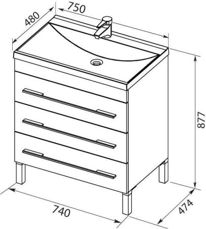 Тумба с раковиной Aquanet Верона 75 белый (напольная 3 ящика), артикул 00287671