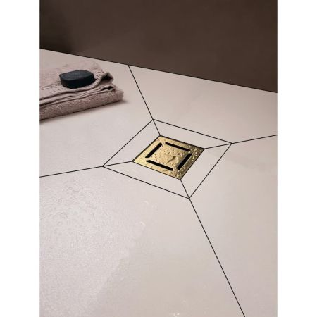 Трап BERGES водосток PLATZ Norma 100х100, золото глянец, S-сифон D50 H60 боковой, артикул 092158