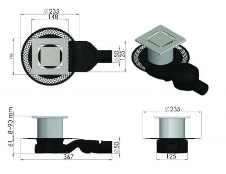 Трап BERGES водосток PLATZ Norma 150х150, матовый хром, S-сифон D50 H60 боковой, артикул 090159