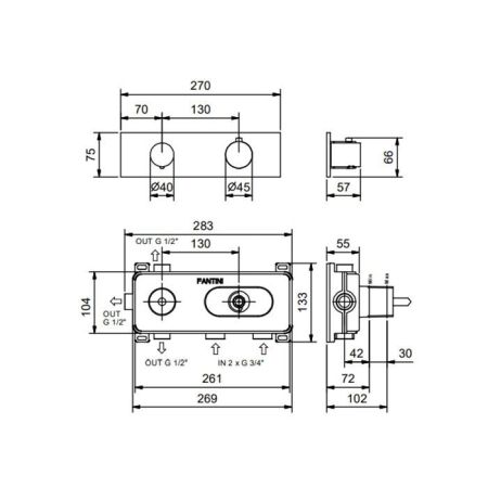 FANTINI Смеситель для душа встраиваемый, термостатический, внешняя часть, цвет Matt Gun Metal PVD, артикул 87 P5 G573B