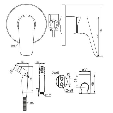 777510300 Jupiter, смеситель монтируемый в стену с гиг. душем, черный, артикул 777510300