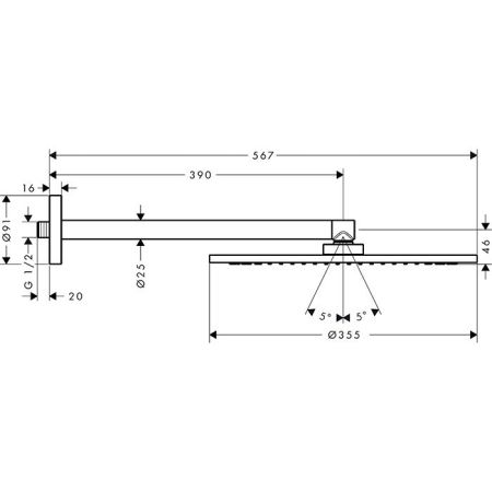 AX  Верхний душ, Ø 350мм, 1jet, с  держателем 390мм, настенный монтаж, ½’, цвет: Шлифованный черный хром, артикул 26034340