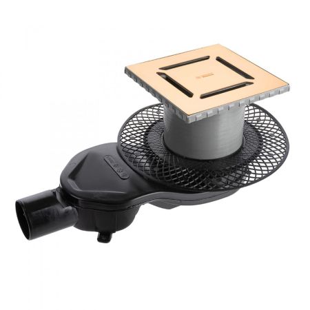 Трап BERGES водосток PLATZ Norma 150х150, золото глянец, S-сифон D50 H60 боковой, артикул 092159