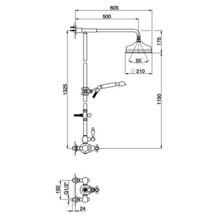 CISAL Arcana Toscana Душевой комплект: термостатический смеситель, стойка с верхним душем, лейка+шланг, цвет золото/белый