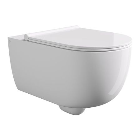 Унитаз, Alice, Unica, безободковый (с открытым смывным краем), тип установки-подвесной, ширина, мм-350, глубина, мм-550, высота, мм-345, форма чаши-овальная, выпуск-горизонтальный, материал-керамика, сиденье и крышка с микролифтом-в комплекте, вид грязеот, артикул 32240101SET