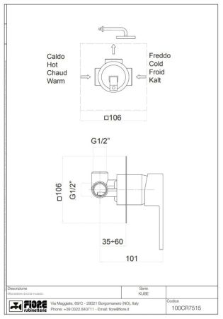 Fiore Kube, встраиваемый в стену однорычажный смеситель для душа, цвет золото