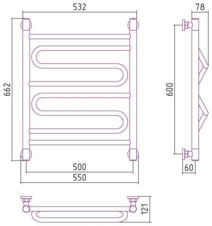 Полотенцесушитель, Сунержа, Элегия+, водяной, ширина, мм-550, глубина, мм-121, высота, мм-662, межосевое расстояние-500, подключение-диагональное/нижнее/вертикальное, мощность, Вт-267, присоединительный размер -НР G 1/2" / НР G 3/4" (эксцентрик), материал, артикул 9010-0205-6050