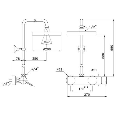 Stella Lucilla Душевой комплект 3283/301-200: смеситель, штанга+верхний душ 200мм, цвет: хром, артикул LL 02414 CR00