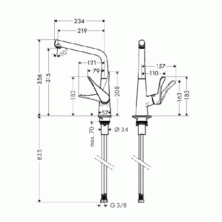 Смеситель для кухни, Hansgrohe, Metris M71, тип открывания воды-однорычажный, тип регулирования воды-керамический картридж, монтаж-на раковину/столешницу, отверстия для монтажа-1, высота, мм-356, вынос излива, мм-219, тип излива-поворотный, 1 режим струи-, артикул 14822000