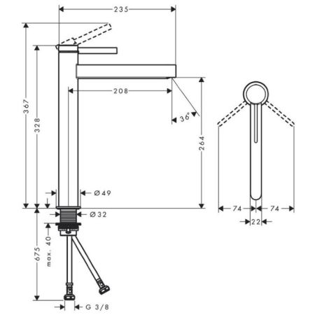 Смеситель для раковины, Hansgrohe, Finoris, тип открывания воды-однорычажный, тип регулирования воды-керамический картридж, монтаж-на раковину/столешницу, отверстия для монтажа-1, высота, мм-328, вынос излива, мм-208, тип излива-неподвижный, донный клапан, артикул 76070000