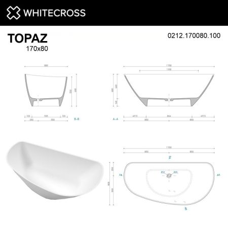 Ванна WHITECROSS Topaz 170x80 (белый мат) иск. камень, артикул 0212.170080.200