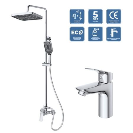 DUE Комплект для ванной - душевая стойка и смеситель для раковины, артикул DUE-DOCM/LVM-CRM
