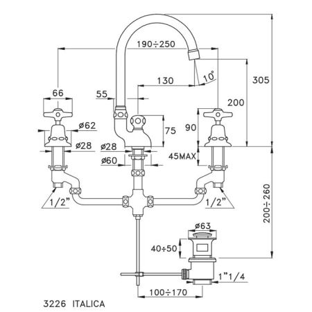 Stella Italica Смеситель для раковины на 3 отверстия 3226, с донным клапаном, цвет: хром, артикул IT 00017 CR00