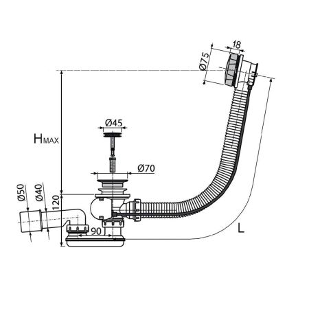 W90A-000-OFI слив-перелив для ванныс гофрой, длина 600 мм , полуавтомат