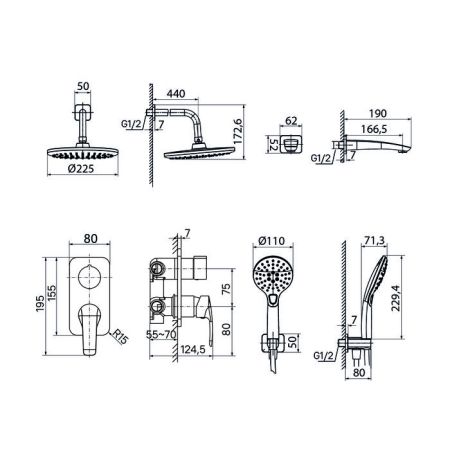 Душевая система скрытого монтажа с тропическим душем, ручным душем и изливом, Ray, IDDIS, (RAYSB03i68), артикул RAYSB03i68