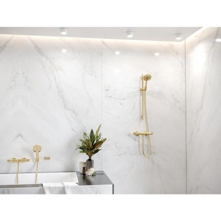 Смеситель для ванны и душа, Hansgrohe, Ecostat Comfort, тип открывания воды-вентильный, тип регулирования воды-термостатический картридж, монтаж-настенный, отверстия для монтажа-2, вынос излива, мм-177, тип излива-неподвижный, цвет-полированное золото, артикул 13114990