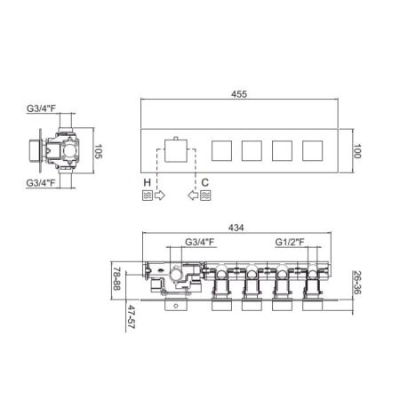 Смеситель для душа, Carimali, ILTONDO, на 4 потребителя, тип открывания воды-однорычажный, тип регулирования воды-термостатический картридж, монтаж-настенный встраиваемый, установка-горизонтальная, квадратная эстетическая панель, внутренняя часть-необходи, артикул 21040EST/O-CR