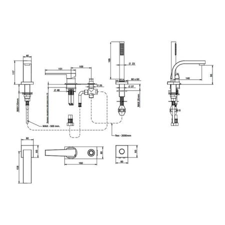 Bongio Stelth Смеситель на  ванну на 3 отв,с ручной лейкой, цвет матированный никель, артикул 01531NS0D