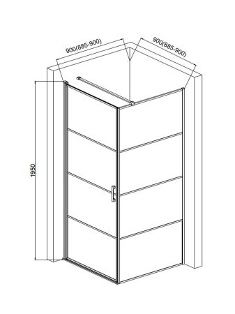 Душевой уголок 900*900*1950мм., стекло 6мм, цвет профиля матовый черный, горизонтальные линии., артикул AQM5215-LH-9
