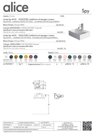 Alice Spy, подвесная прямоугольная раковина 40x30x11h см c крепежом fix01, цвет белый глянцевый, артикул 34120101
