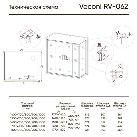 Душевой угол Veconi Rovigo RV-062, 1600x1000x1900 хром, стекло прозрачное, артикул RV062-160100PR-01-19C3