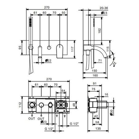 Fantini MYO Встраиваемый смеситель для ванны наружная часть, с ручной лейкой, цвет: хром, артикул 61 02 V620B