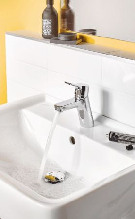 Смеситель для раковины, Kludi, Pure&Easy, тип открывания воды-однорычажный, тип регулирования воды-керамический картридж, монтаж-на раковину/столешницу, отверстия для монтажа-1, высота, мм-145, вынос излива, мм-120, донный клапан-есть, тип подводки-гибкая, артикул 373820565