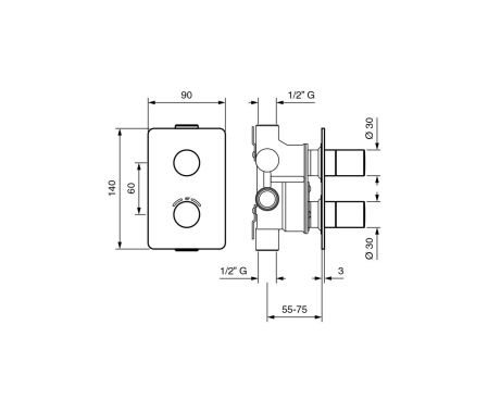 Внутристенный смеситель-термостат на 2 выхода, цвет хром