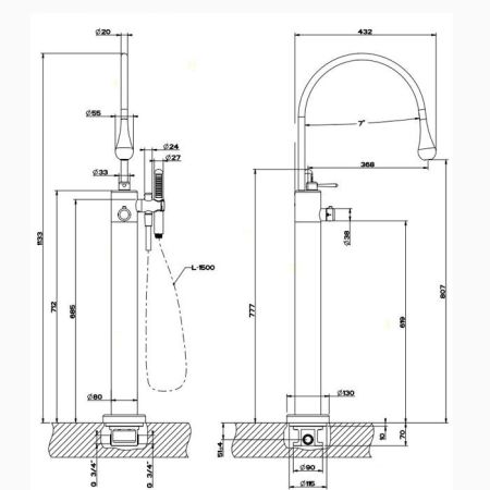 Gessi Goccia Напольный термостатический смеситель для ванны с ручным душем (внешняя часть), цвет: хром