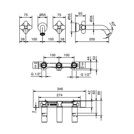 FANTINI I BALOCCHI Смеситель для раковины настенный, двухвентильный, излив 200 мм., внешняя часть, цвет черный матовый, артикул 60 13 0511B
