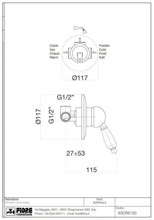 Fiore Imperiale, однорычажный встраиваемый смеситель для душа, цвет хром, артикул 83CR5130