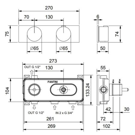 FANTINI AF/21 Смеситель настенный встраиваемый, термостатический, с переключателем на 2 положения, отделка матовая натуральная сталь, артикул 27 93 A972B