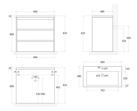 FAMILY База под раковину напольная с тремя выкатными ящиками, Pino Bianco, 900x480x845, FAMILY-900-3C-PIA-PB, артикул Family-900-3C-PIA-PB