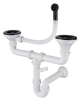 GRANFEST Сифон двойной 3 1/2" черный  с круглым переливом и отводом  арт. GF-