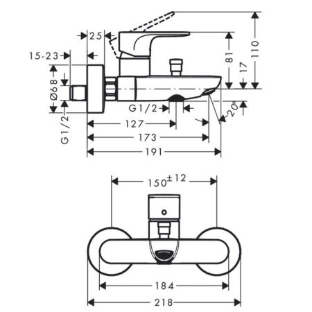 Смеситель для ванны и душа, Hansgrohe, Rebris S, тип открывания воды-однорычажный, тип регулирования воды-керамический картридж, монтаж-настенный, отверстия для монтажа-2, вынос излива, мм-173, регулируемое ограничение температуры, дивертер с переключател, артикул 72440670