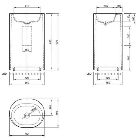 Раковина, KNIEF, Moon, ширина, мм-550, глубина, мм-450, высота, мм-900, тип установки-напольный, отверстия для смесителя-отсутствуют, без перелива, для установки со сливным отверстием в стене, со светодиодами, материал-K-stone, цвет-белый матовый, артикул 0600-031-01WA